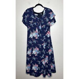 Liz Claiborne Petite Vintage Dress Womens Blue Floral Short Sleeve Midi Size 12